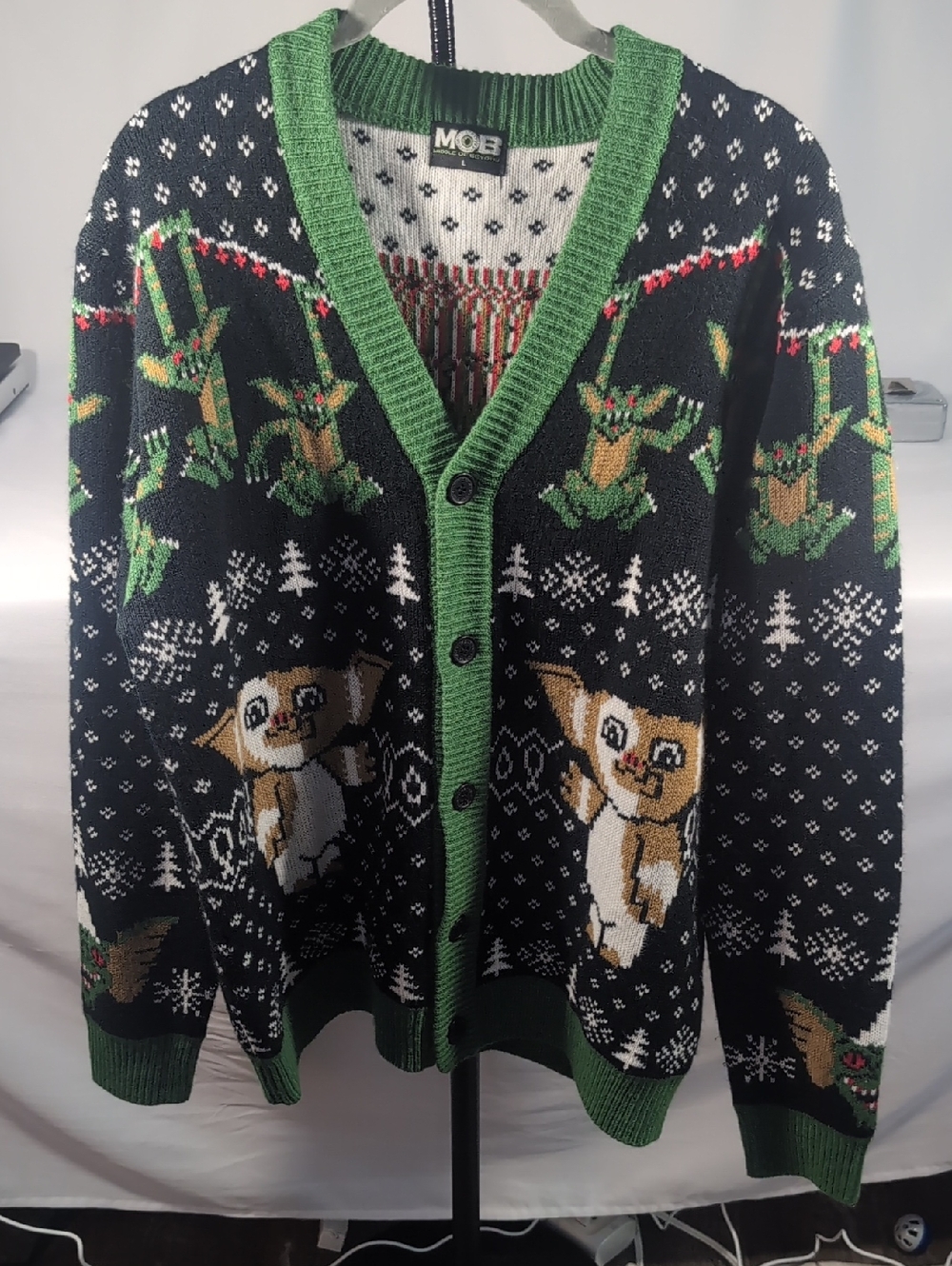 MOB Black & Green Holiday Crew Cardigan Sweater